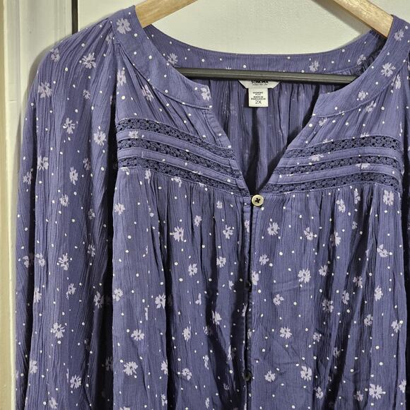 Womens Button Top 2X Purple Boho Peasant Floral Gauzy Career Office Bloomcore - Picture 2 of 7